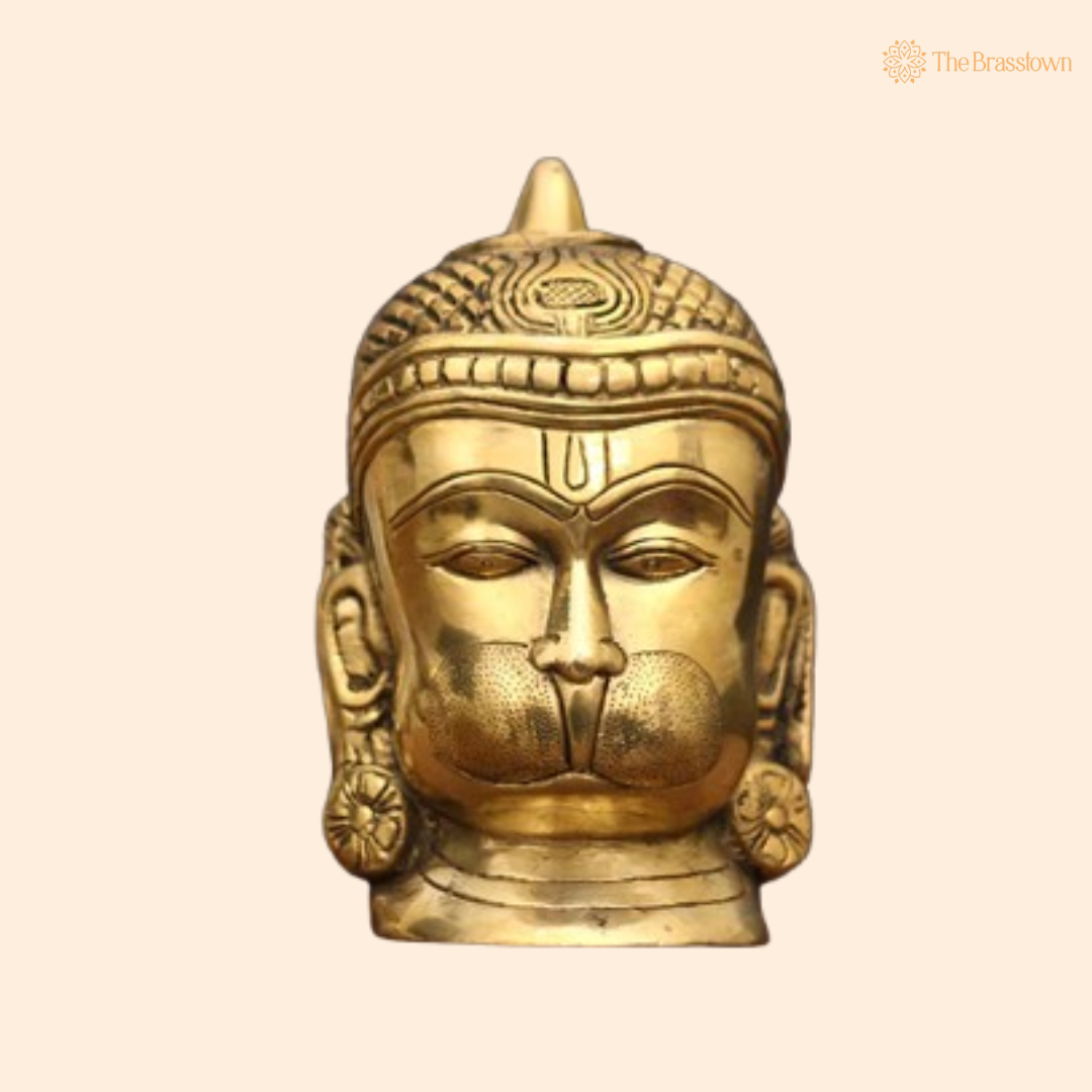 Brass Hanuman Head Idol – Symbol of Strength and Devotion 7.5 Inch