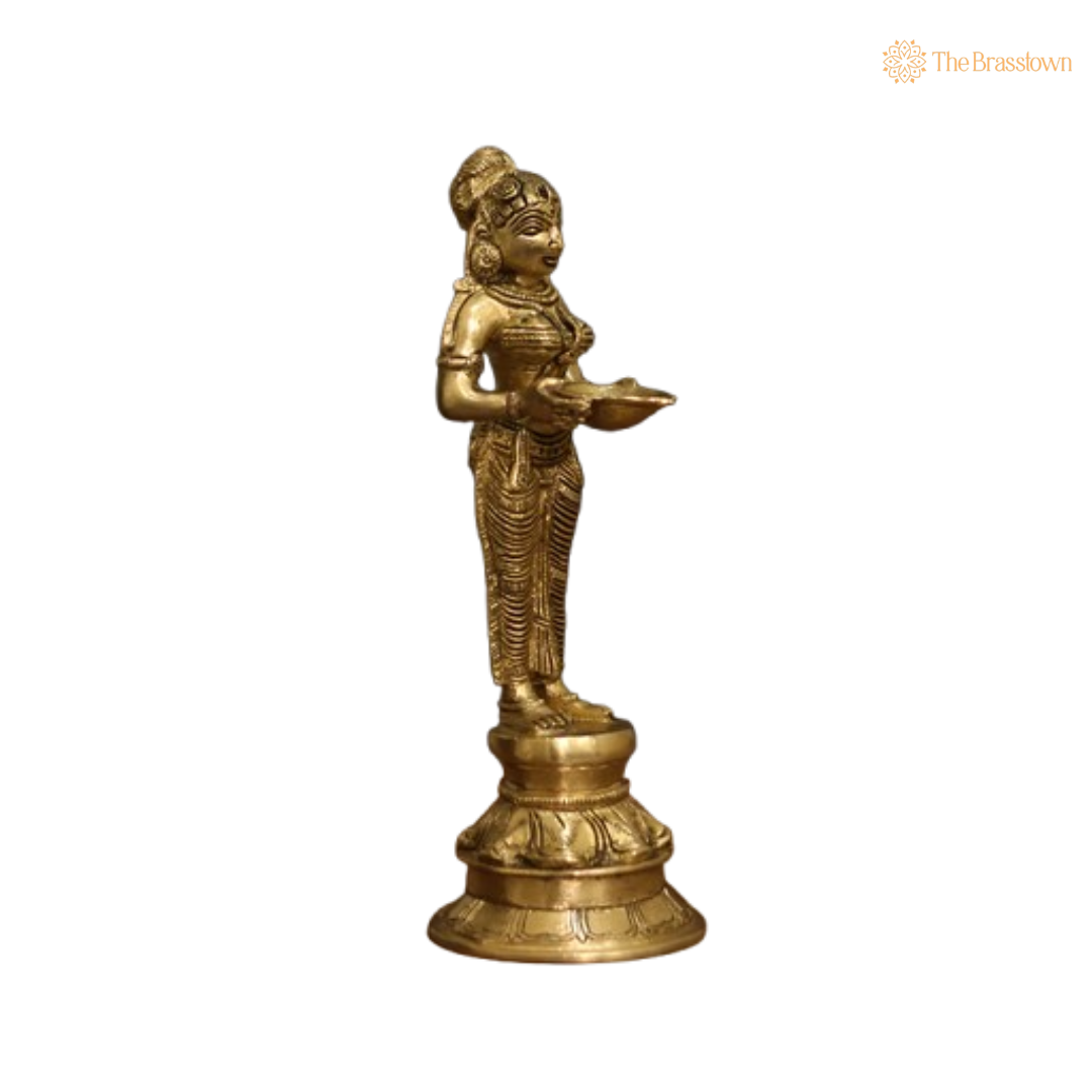 Brass Lady Holding Diya Statue 8 Inch