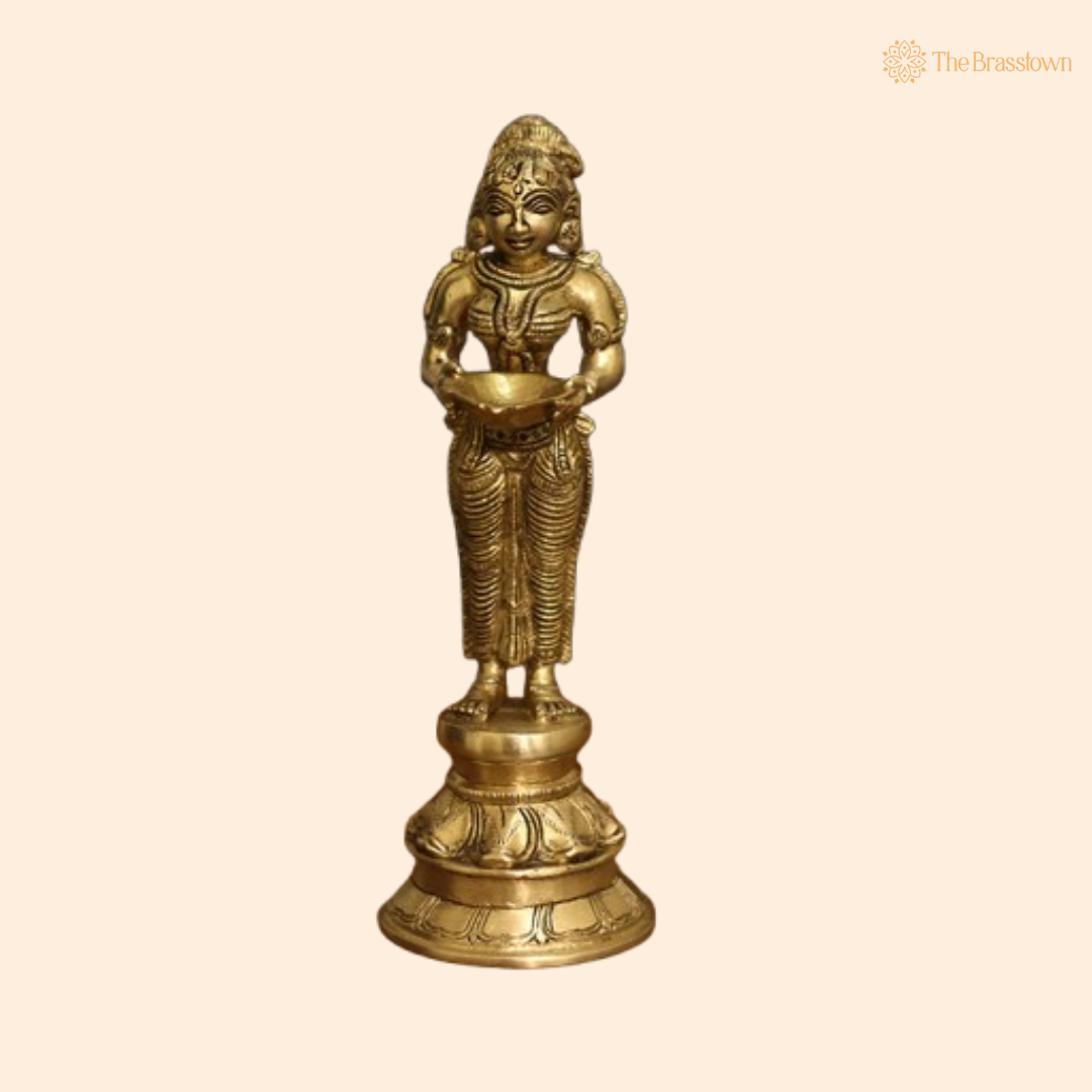 Brass Lady Holding Diya Statue 8 Inch