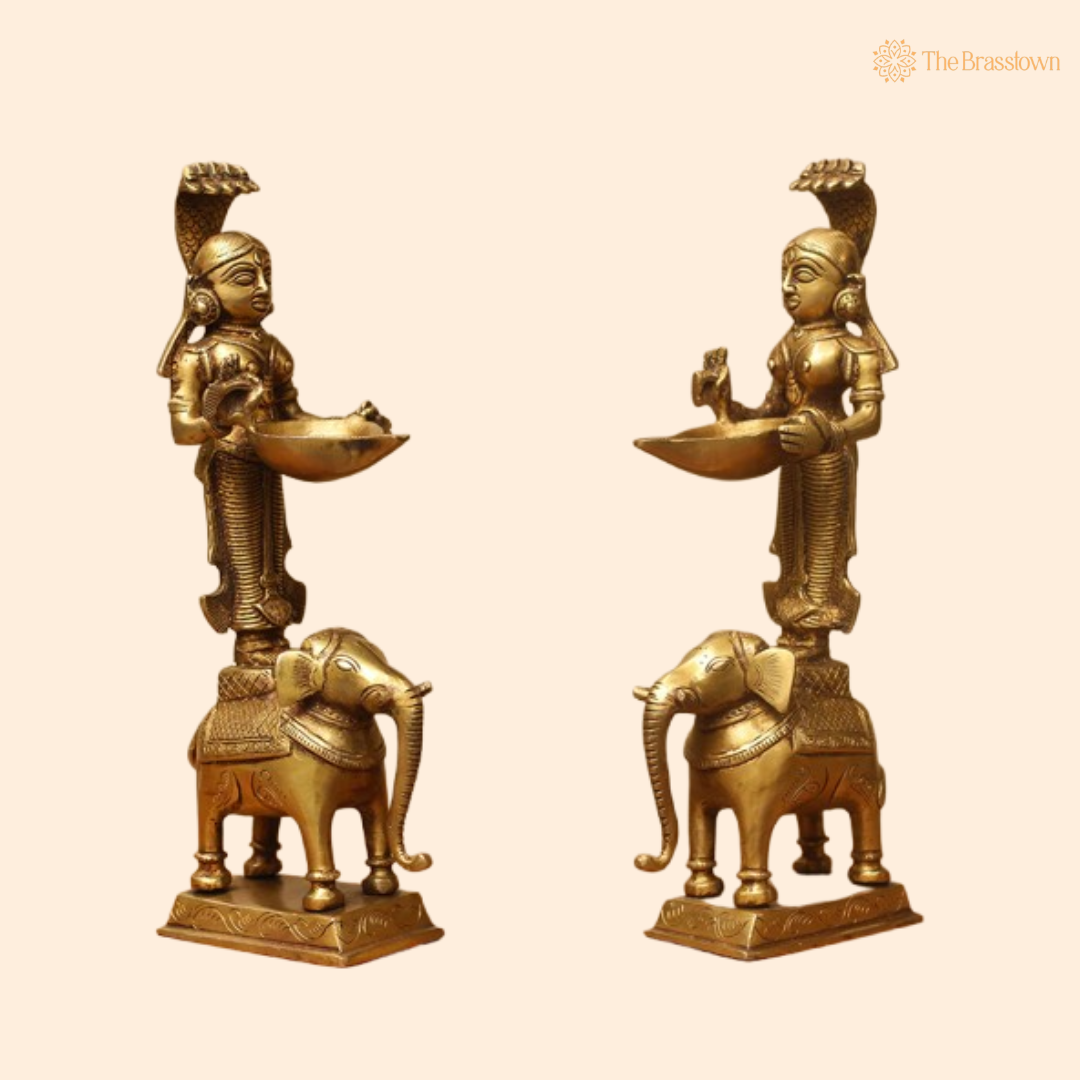 Brass Lady with Elephant Diya Pair 12 Inch