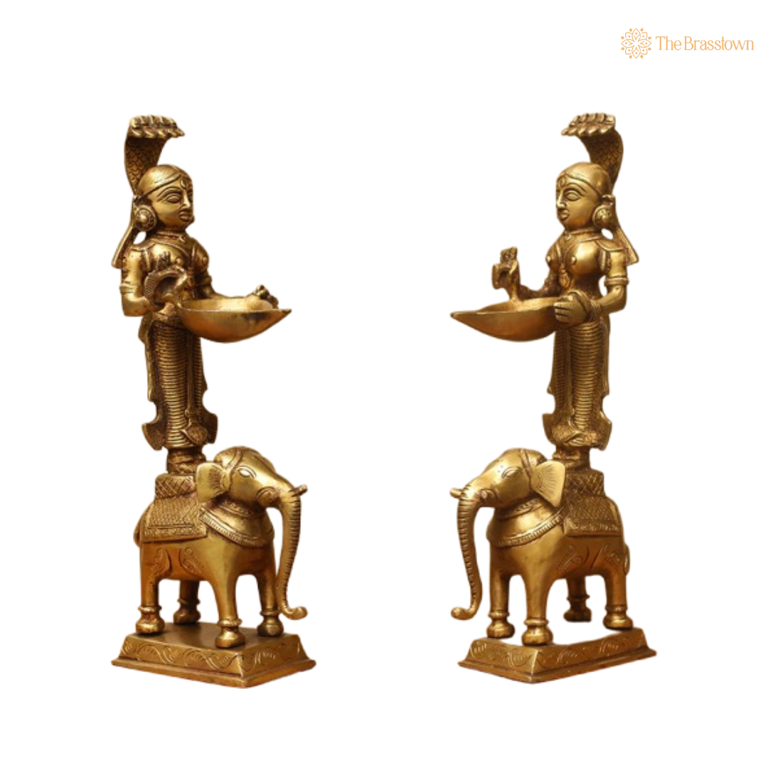 Brass Lady with Elephant Diya Pair 12 Inch