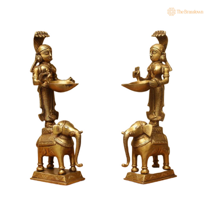 Brass Lady with Elephant Diya Pair 12 Inch