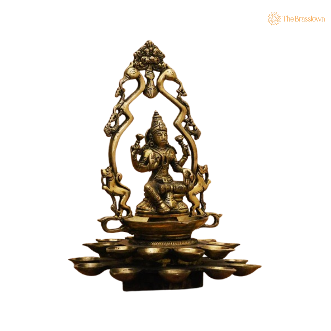 Brass Lakshmi Deepam with Peacock Design 11.5 Inch