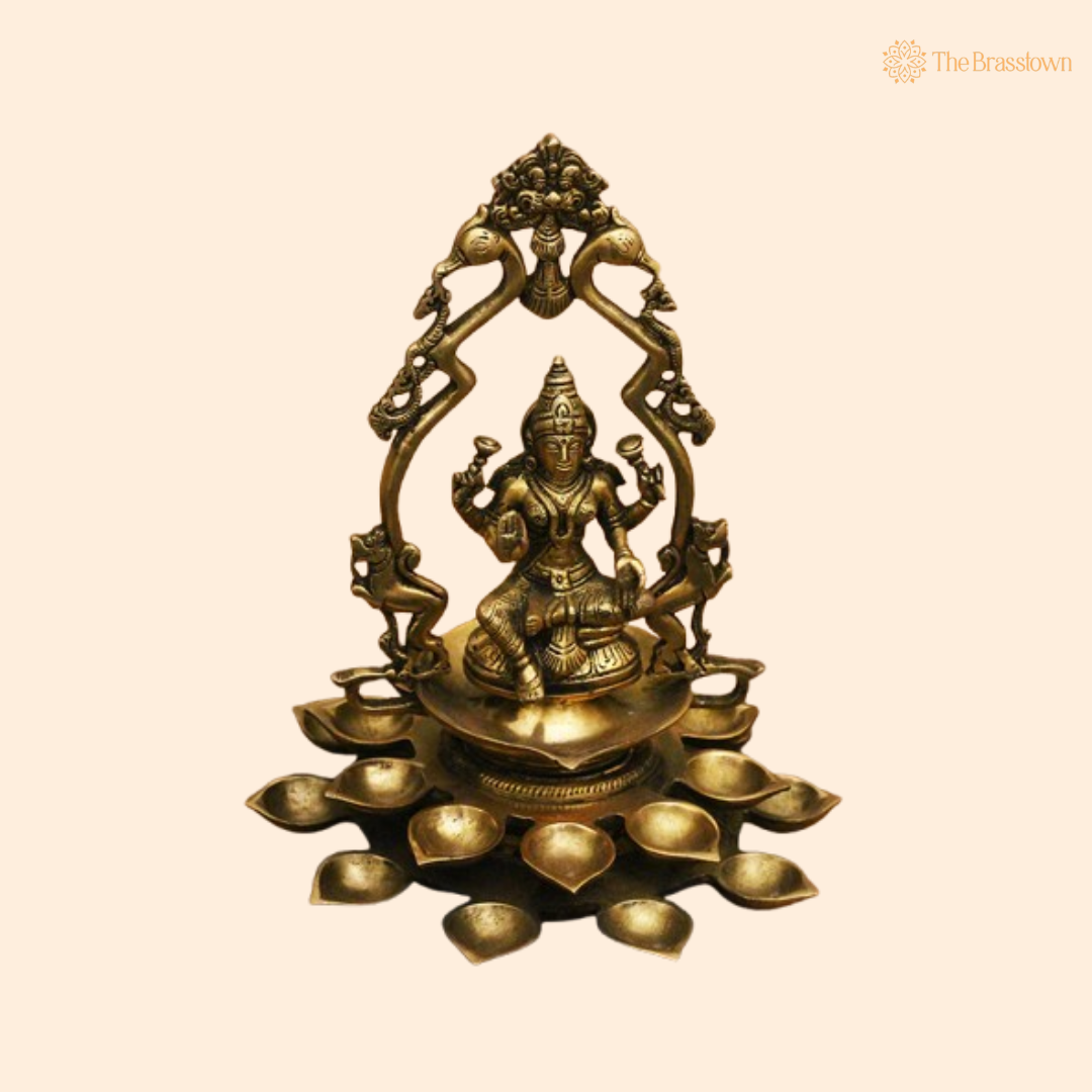 Brass Lakshmi Deepam with Peacock Design 11.5 Inch