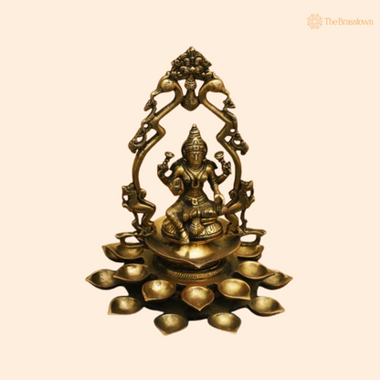 Brass Lakshmi Deepam with Peacock Design 11.5 Inch