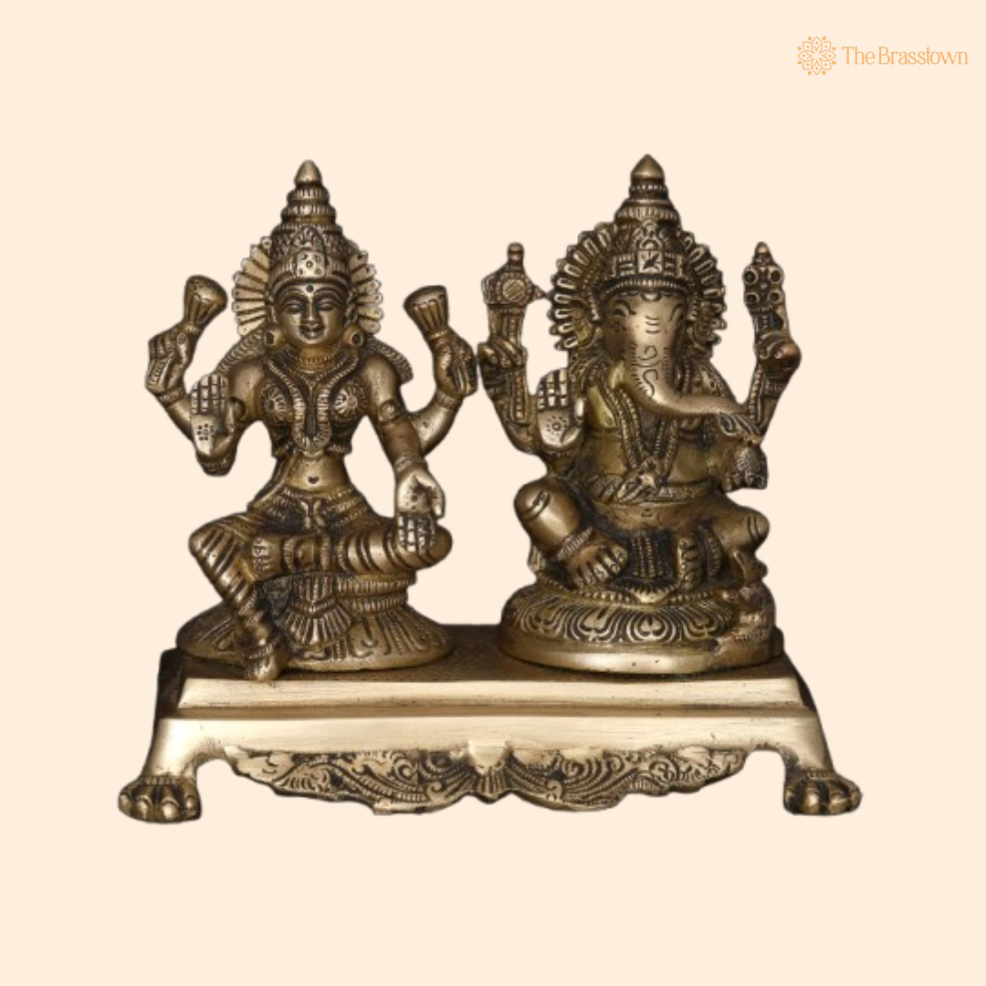 Brass Lakshmi Ganesha Idol – Auspicious &amp; Decorative Piece 7 Inch