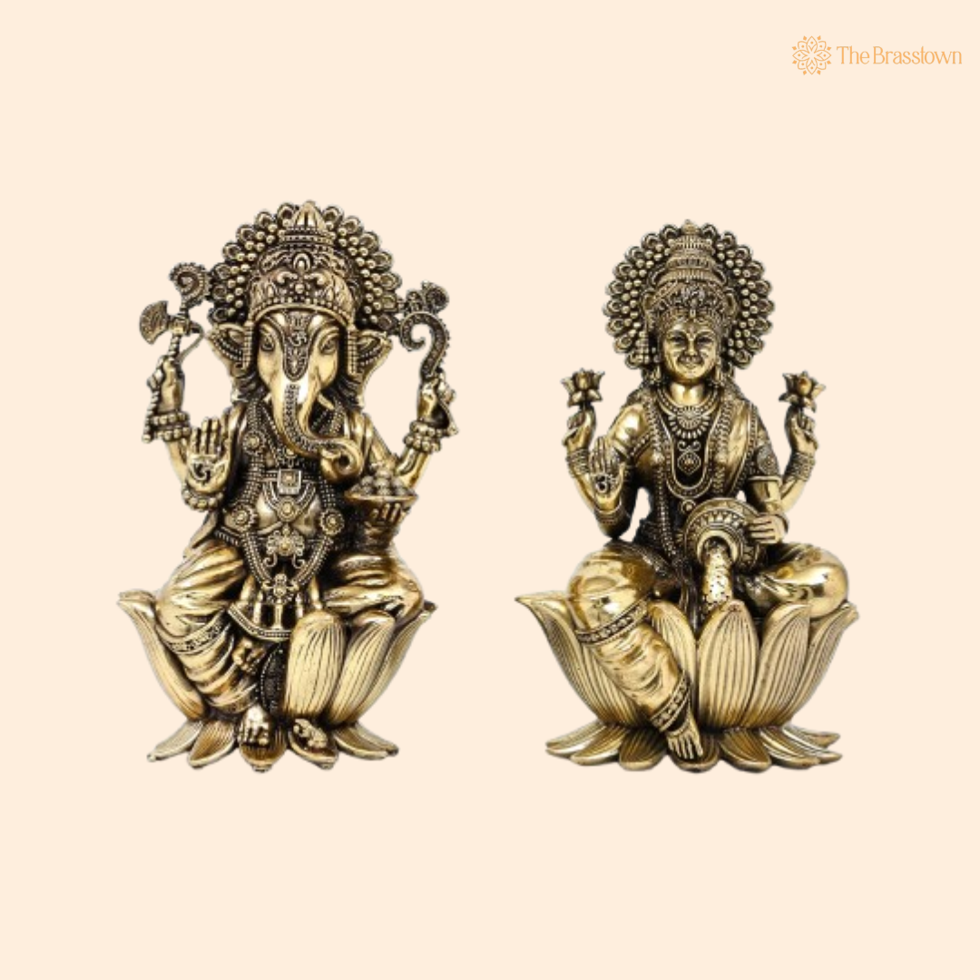 Brass Lakshmi & Ganesha Idol Set – Blessings of Prosperity & Wisdom 7 Inch