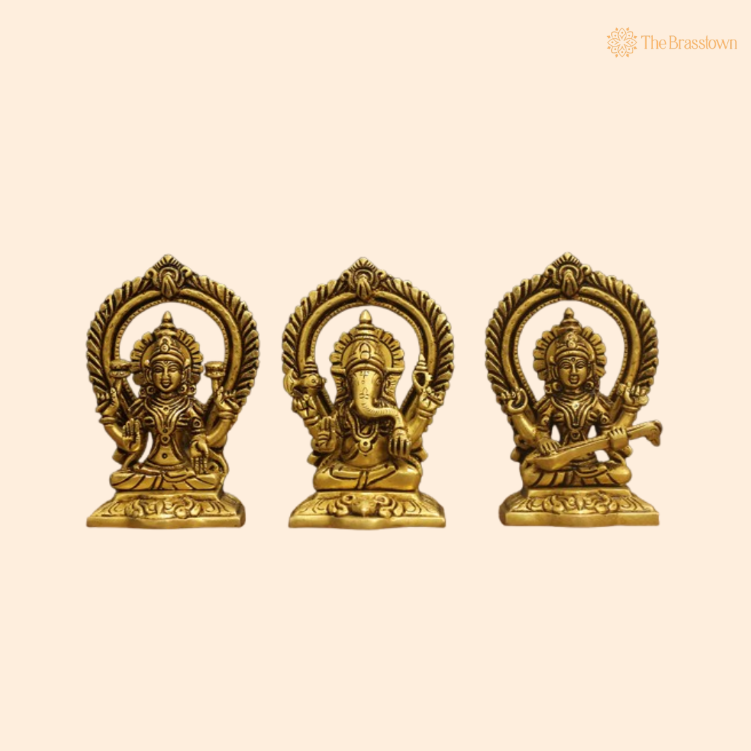 Brass Lakshmi, Ganesha, and Saraswati Idol Set 5.5 Inch