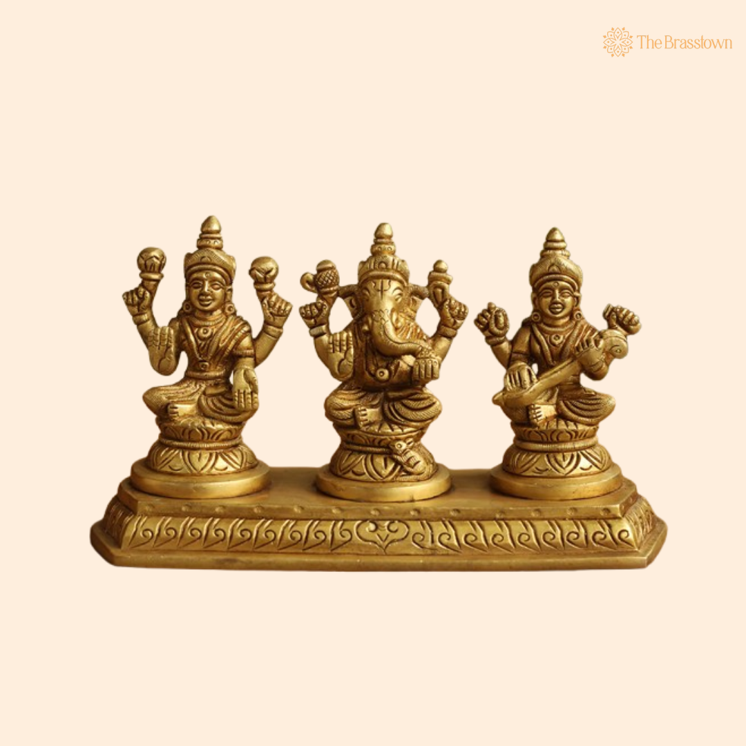 Brass Lakshmi, Ganesha, and Saraswati Idol Set with Base 4 Inch