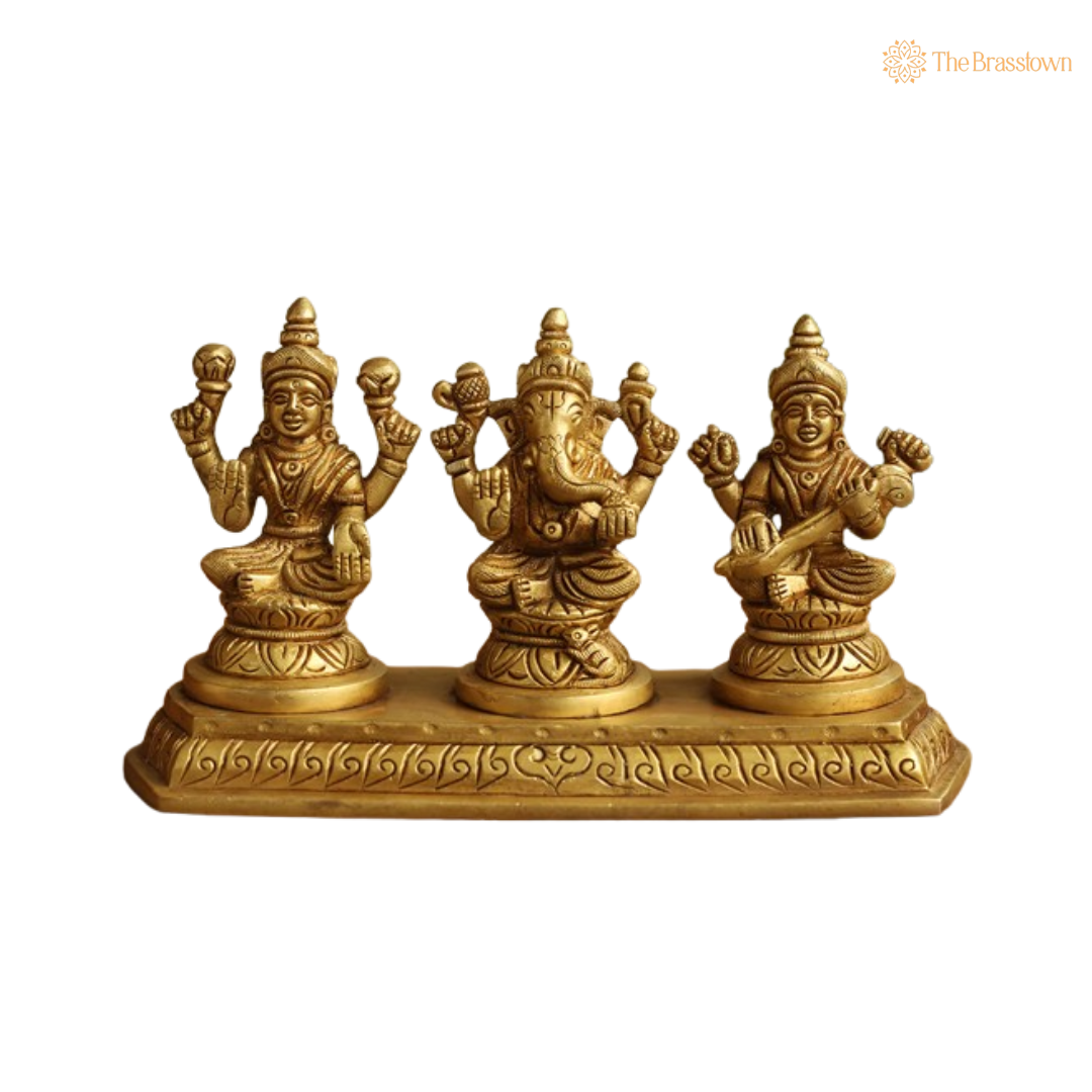 Brass Lakshmi, Ganesha, and Saraswati Idol Set with Base 4 Inch