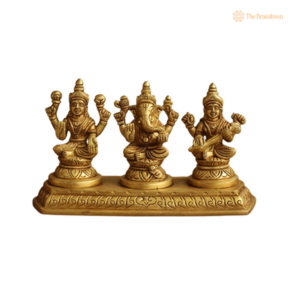 Brass Lakshmi, Ganesha, and Saraswati Idol Set with Base 4 Inch