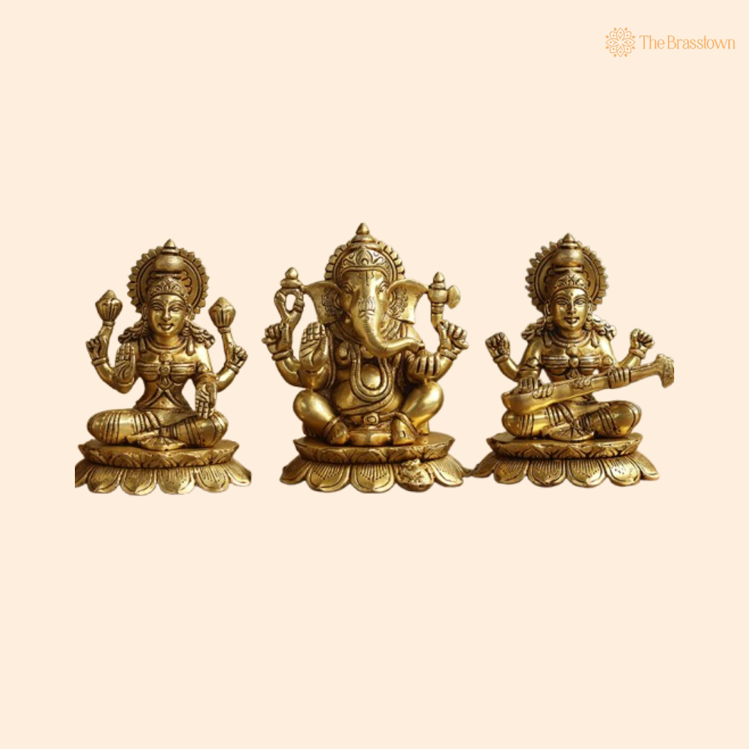 Brass Lakshmi, Ganesha, and Saraswati Statue Set 6 Inch