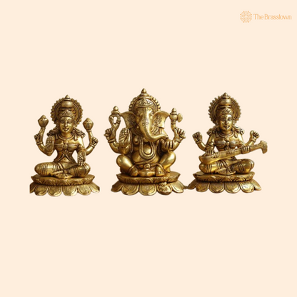 Brass Lakshmi, Ganesha, and Saraswati Statue Set 6 Inch