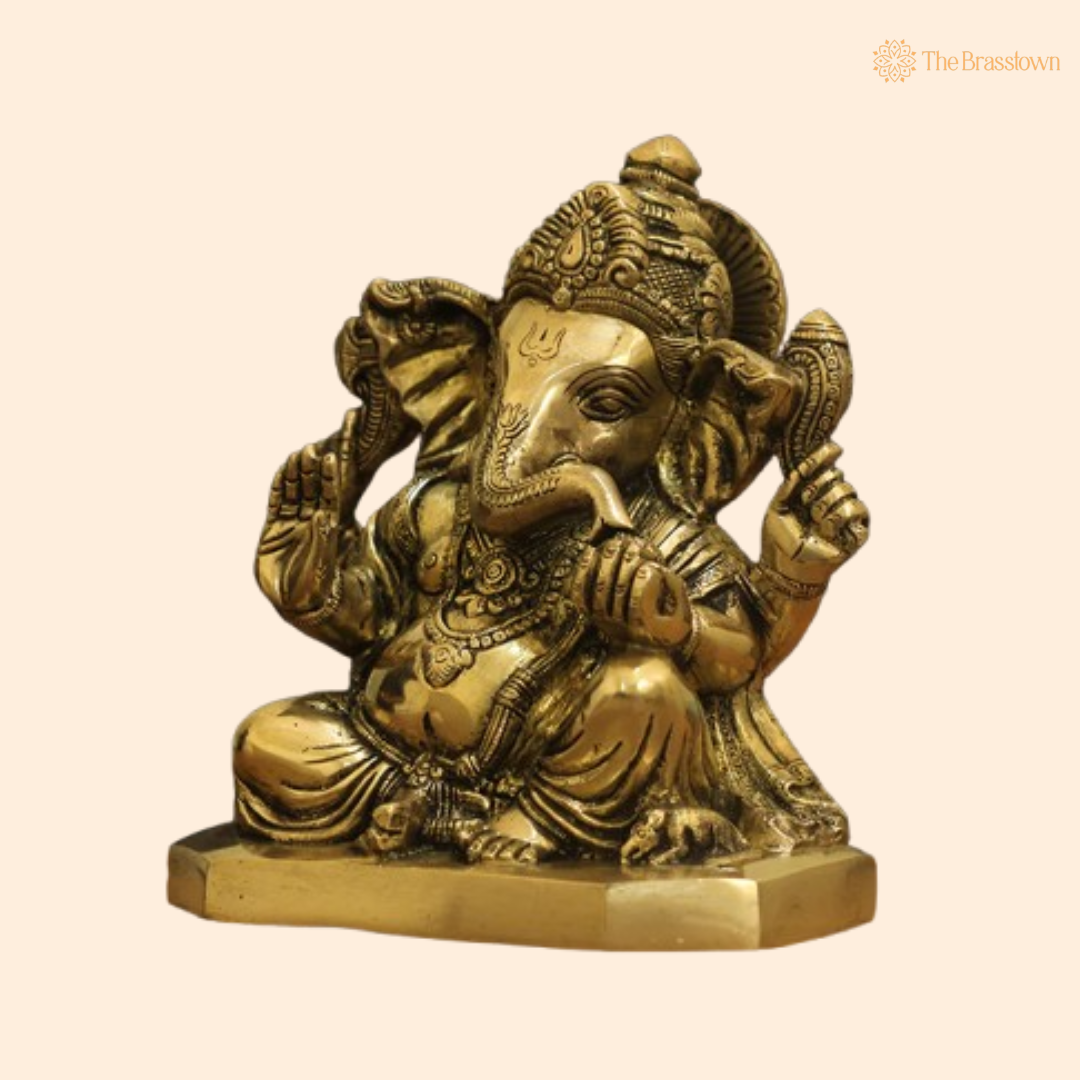Brass Lord Ganesha Sitting Statue 8 Inch