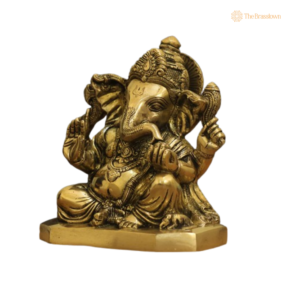 Brass Lord Ganesha Sitting Statue 8 Inch