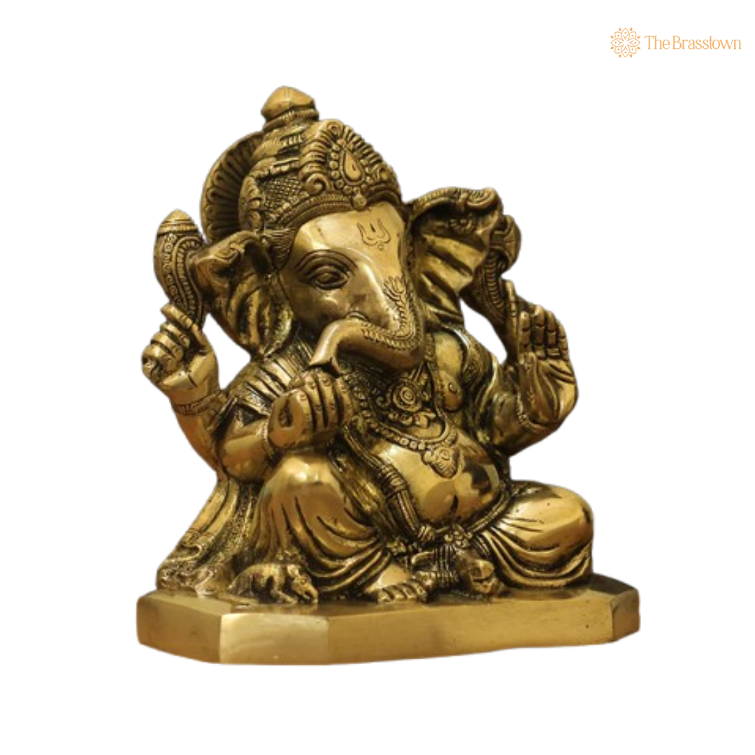 Brass Lord Ganesha Sitting Statue 8 Inch
