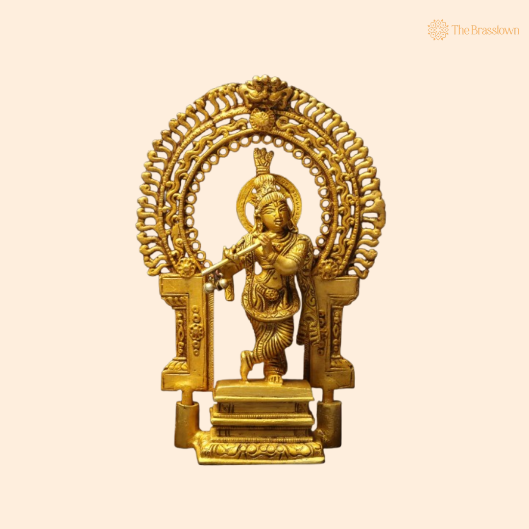 Brass Lord Krishna Flute Idol with Ornate Frame 8 Inch