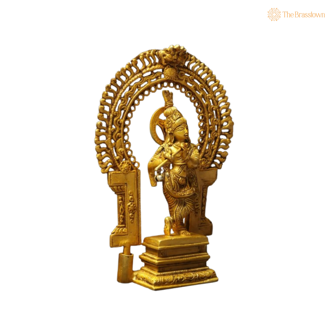 Brass Lord Krishna Flute Idol with Ornate Frame 8 Inch