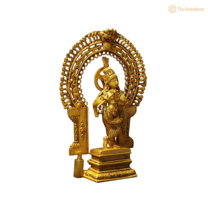 Brass Lord Krishna Flute Idol with Ornate Frame 8 Inch