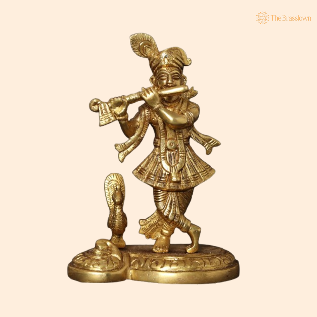 Brass Lord Krishna Playing Flute with Peacock Idol 6 Inch