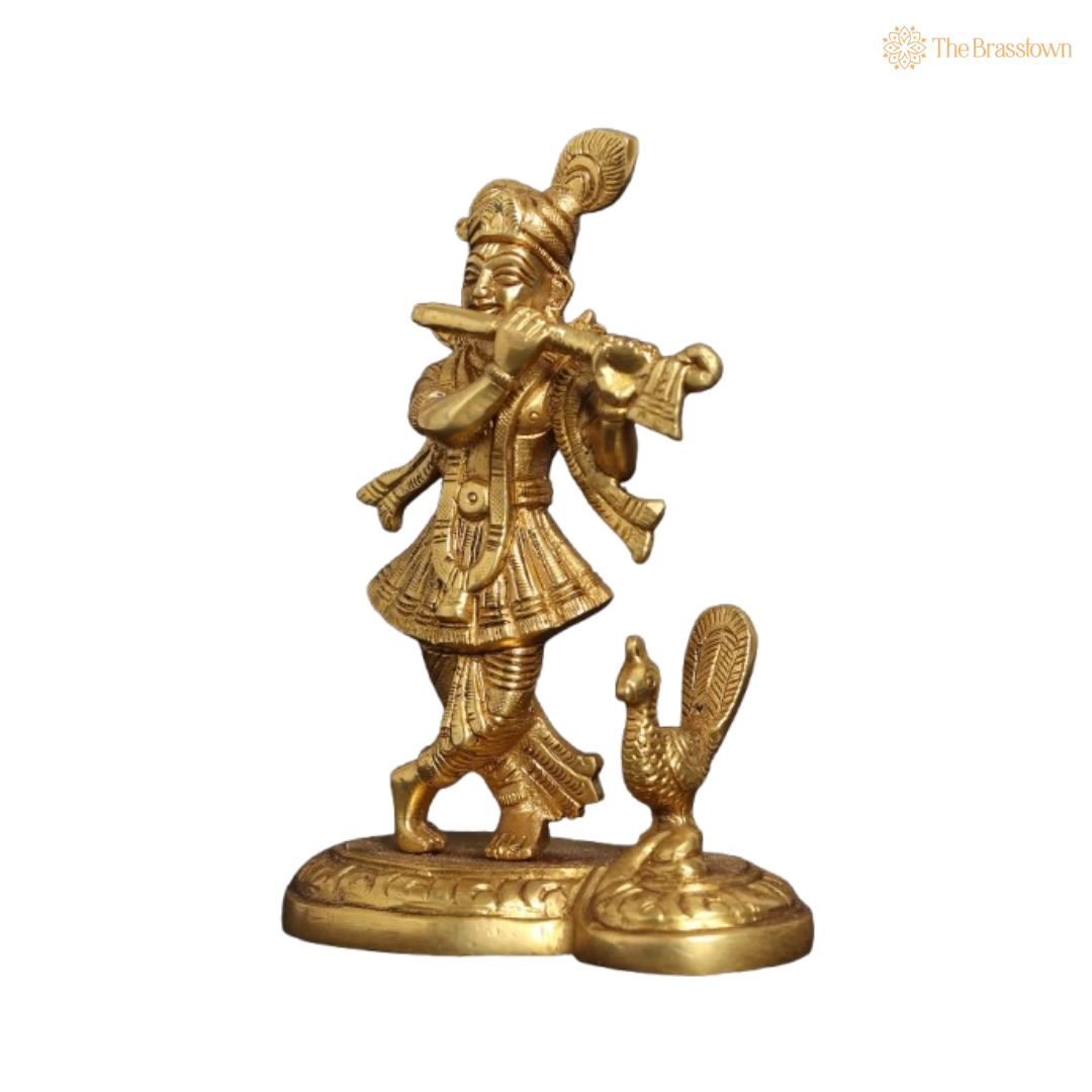 Brass Lord Krishna Playing Flute with Peacock Idol 6 Inch