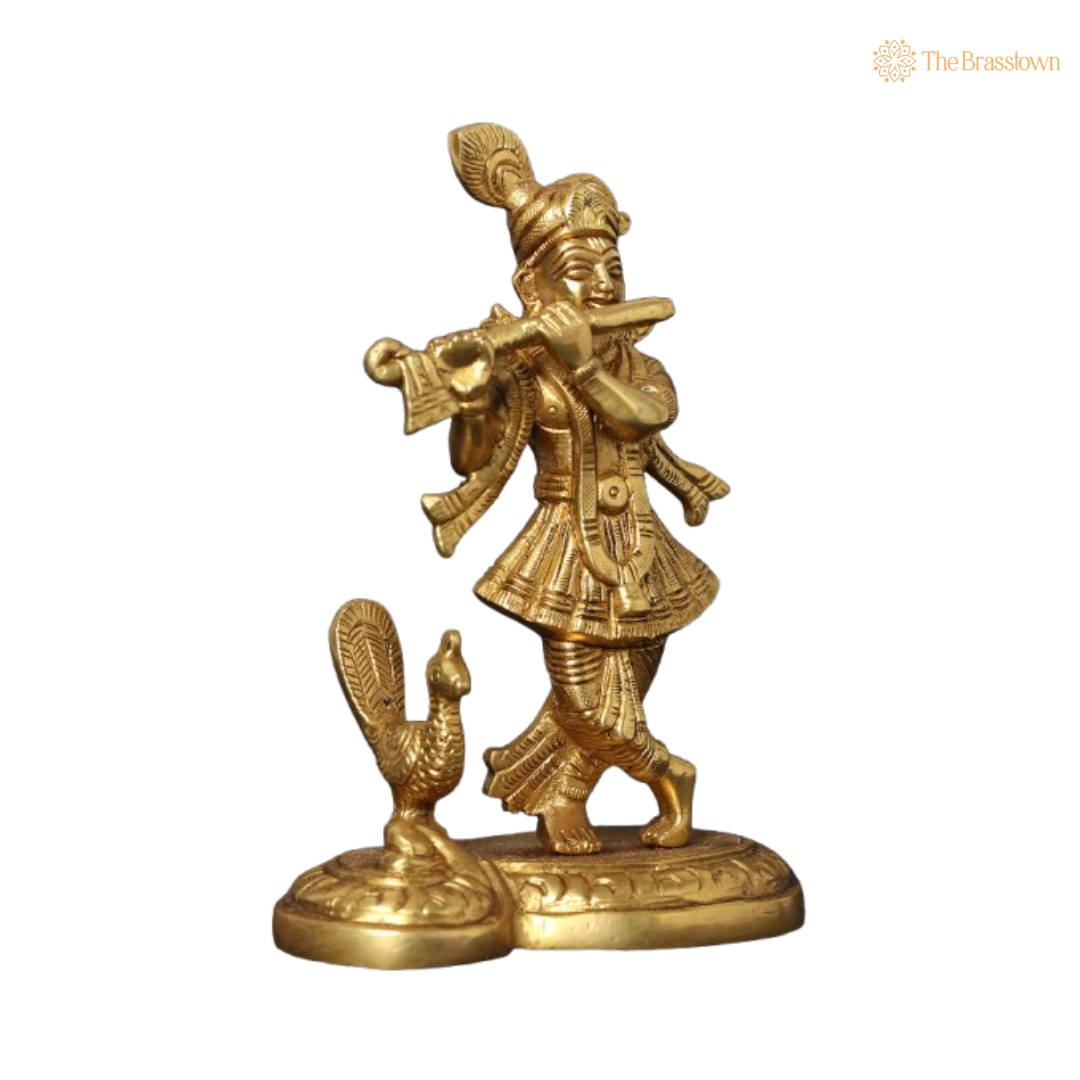 Brass Lord Krishna Playing Flute with Peacock Idol 6 Inch