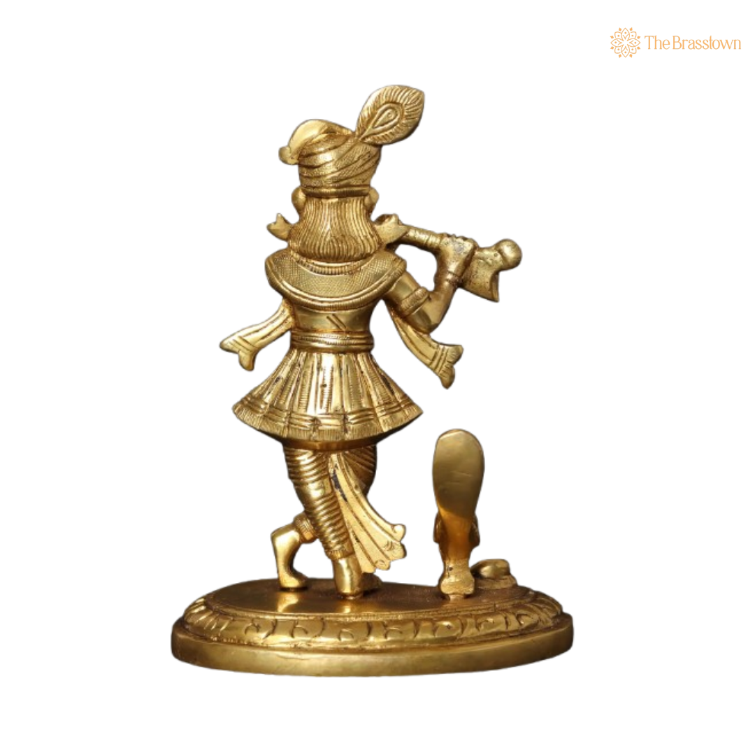 Brass Lord Krishna Playing Flute with Peacock Idol 6 Inch