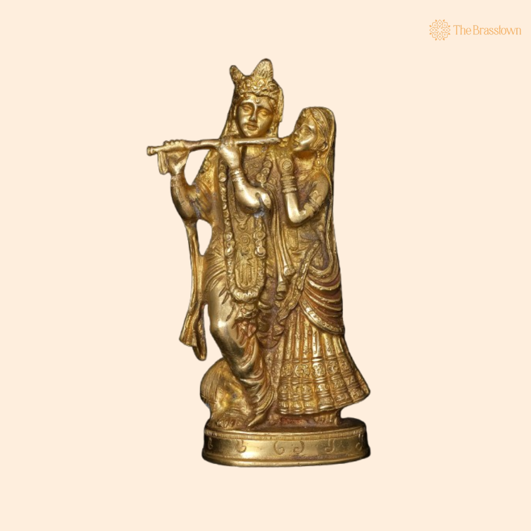 Brass Lord Krishna and Radha Idol – A Divine Symbol of Eternal Love and Harmony 8 Inch