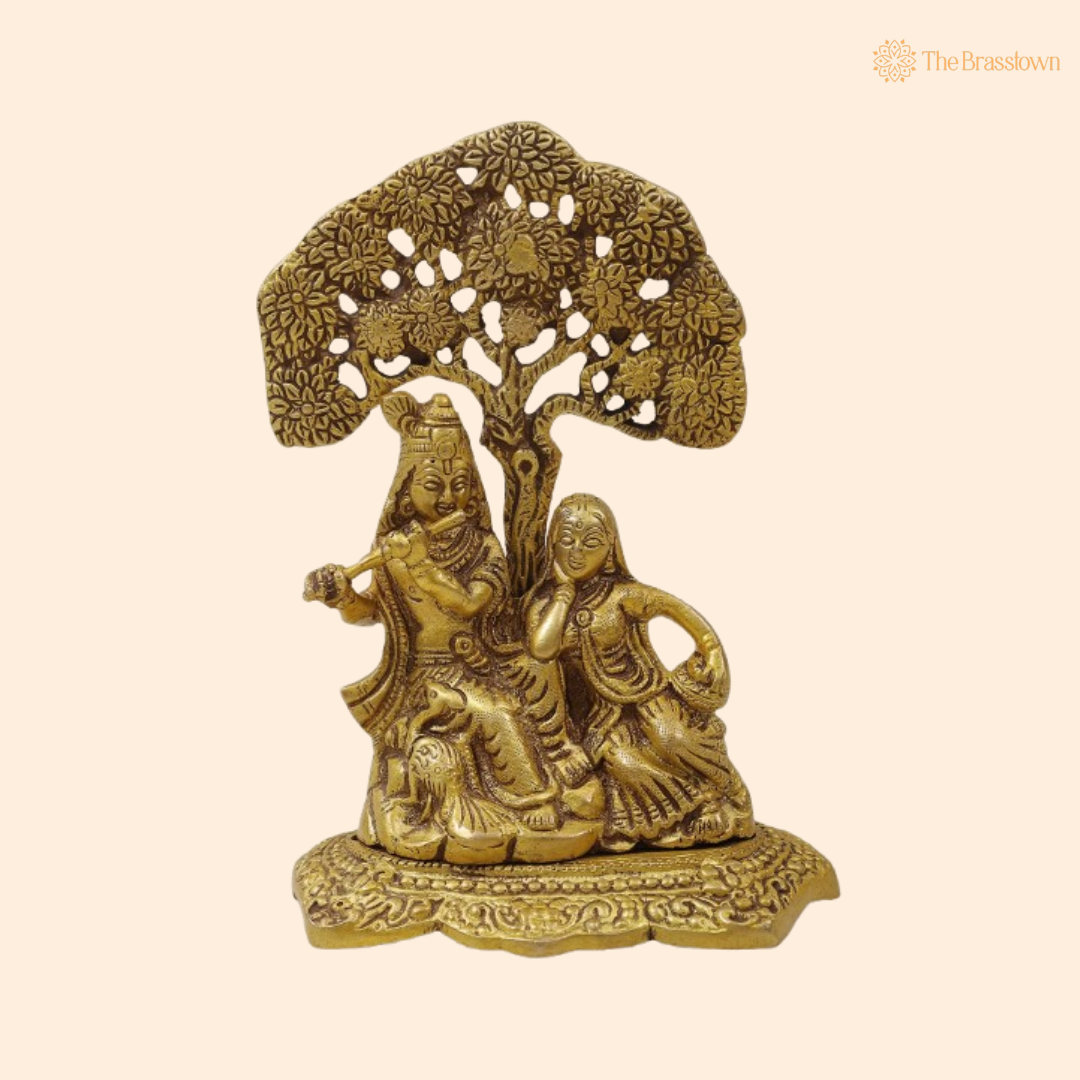 Brass Lord Krishna and Radha Under Tree Idol 7 Inch