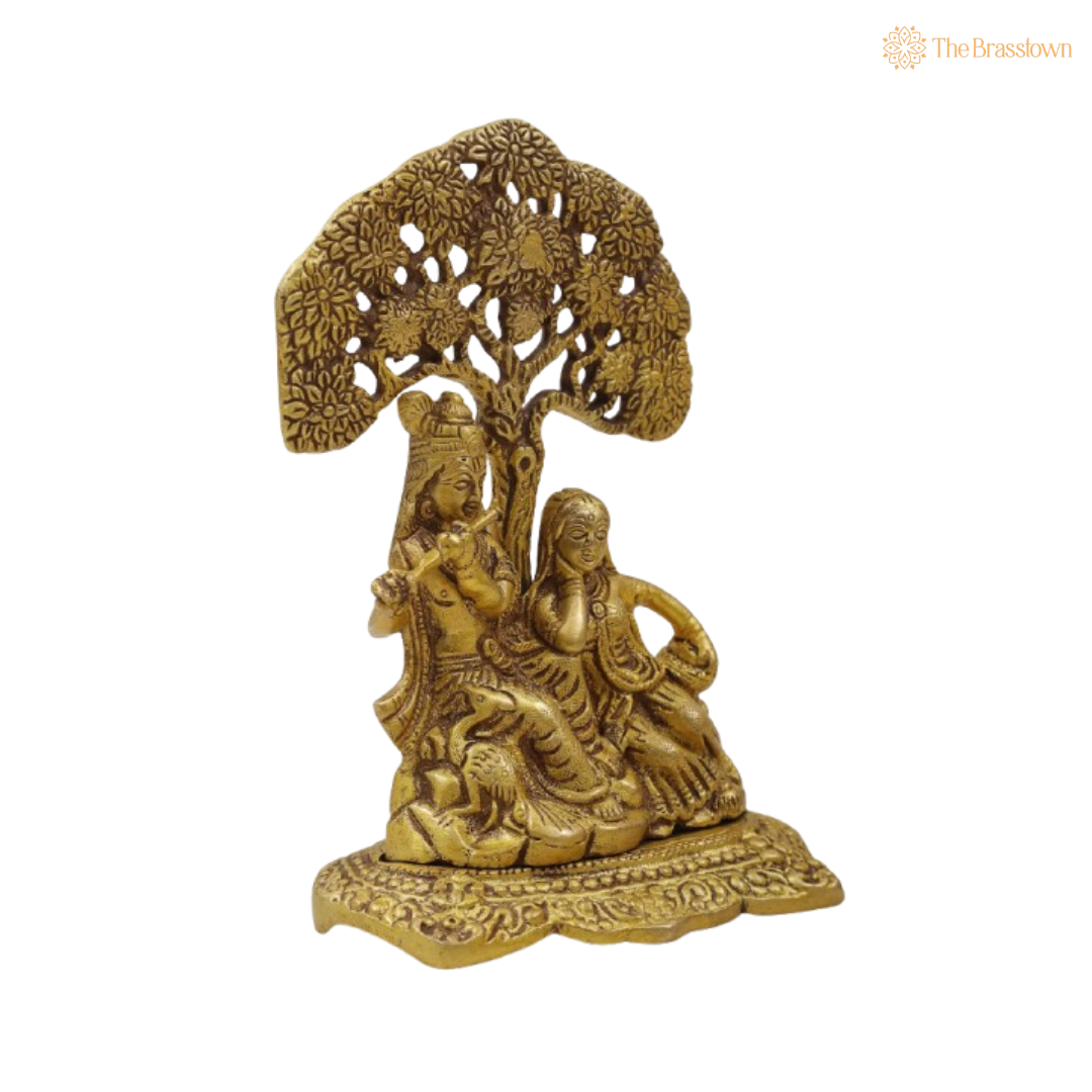 Brass Lord Krishna and Radha Under Tree Idol 7 Inch