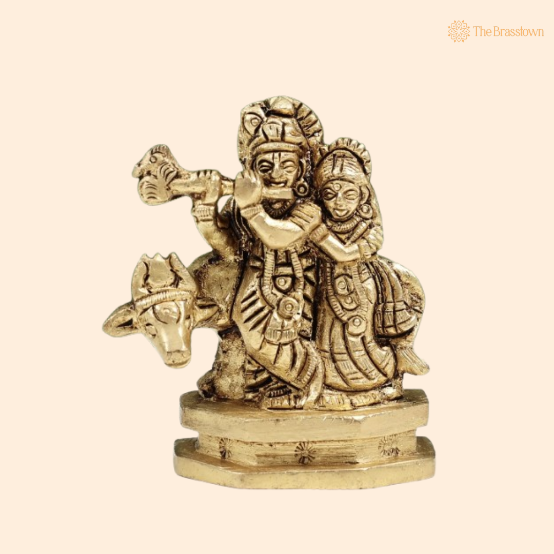 Brass Lord Krishna and Radha with Cow Idol 2 Inch