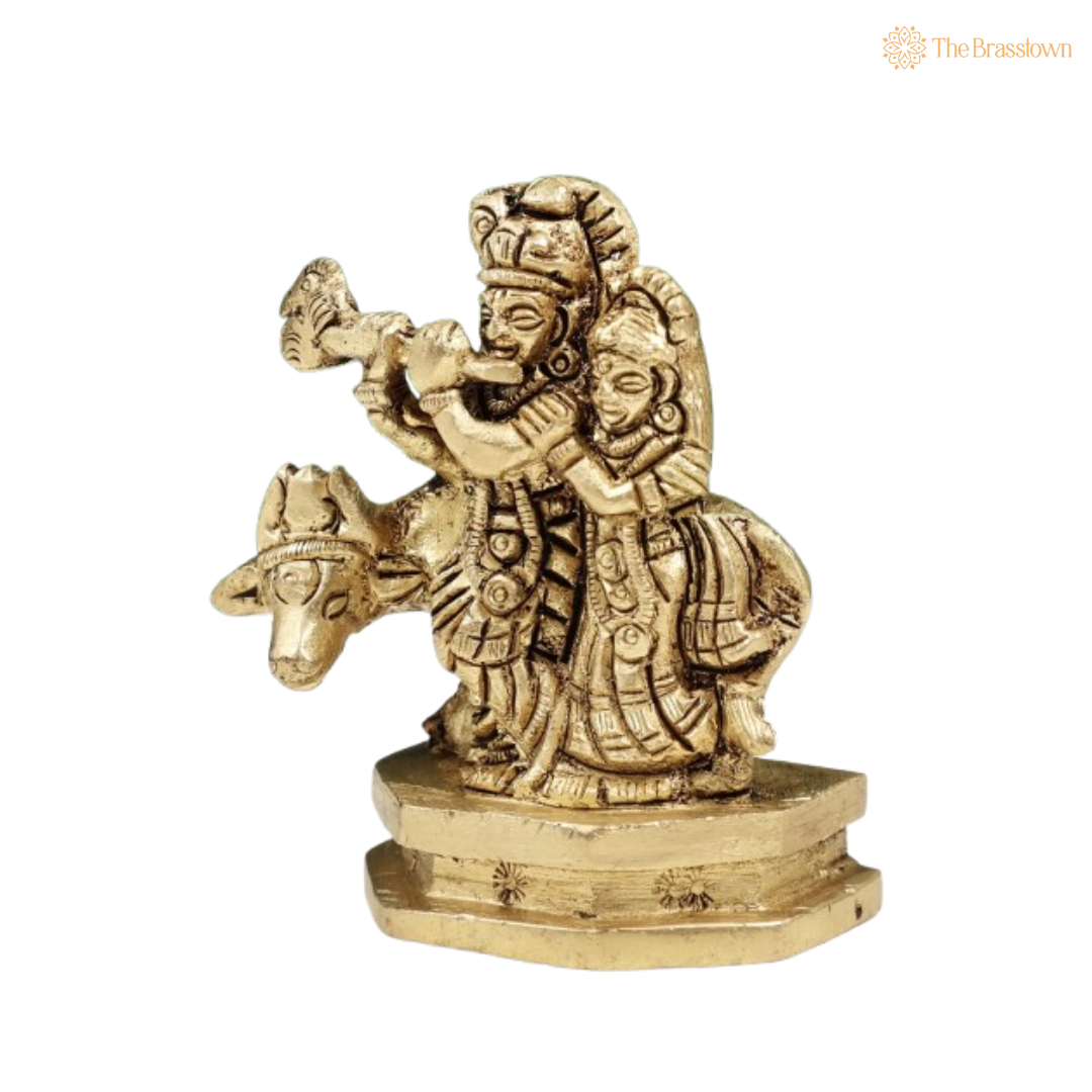 Brass Lord Krishna and Radha with Cow Idol 2 Inch