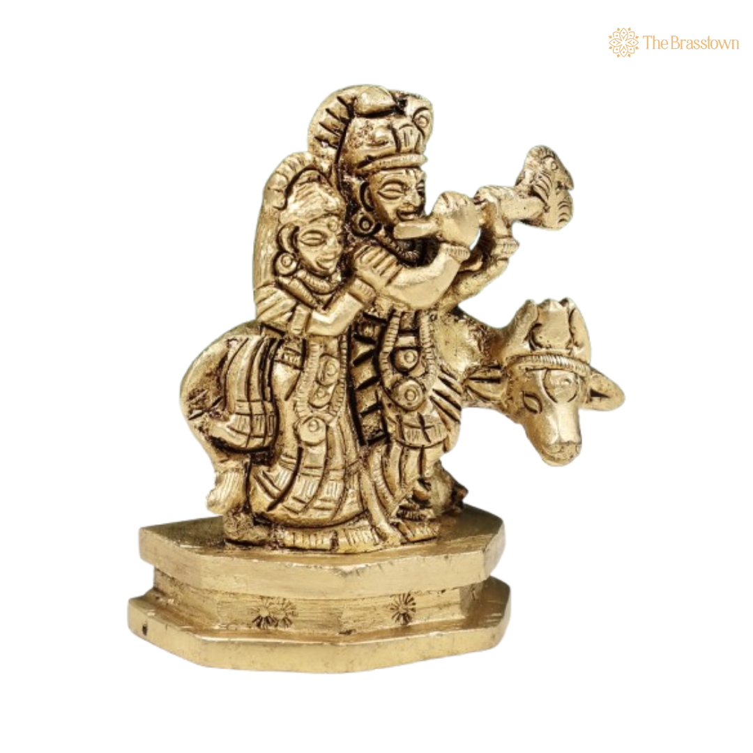 Brass Lord Krishna and Radha with Cow Idol 2 Inch