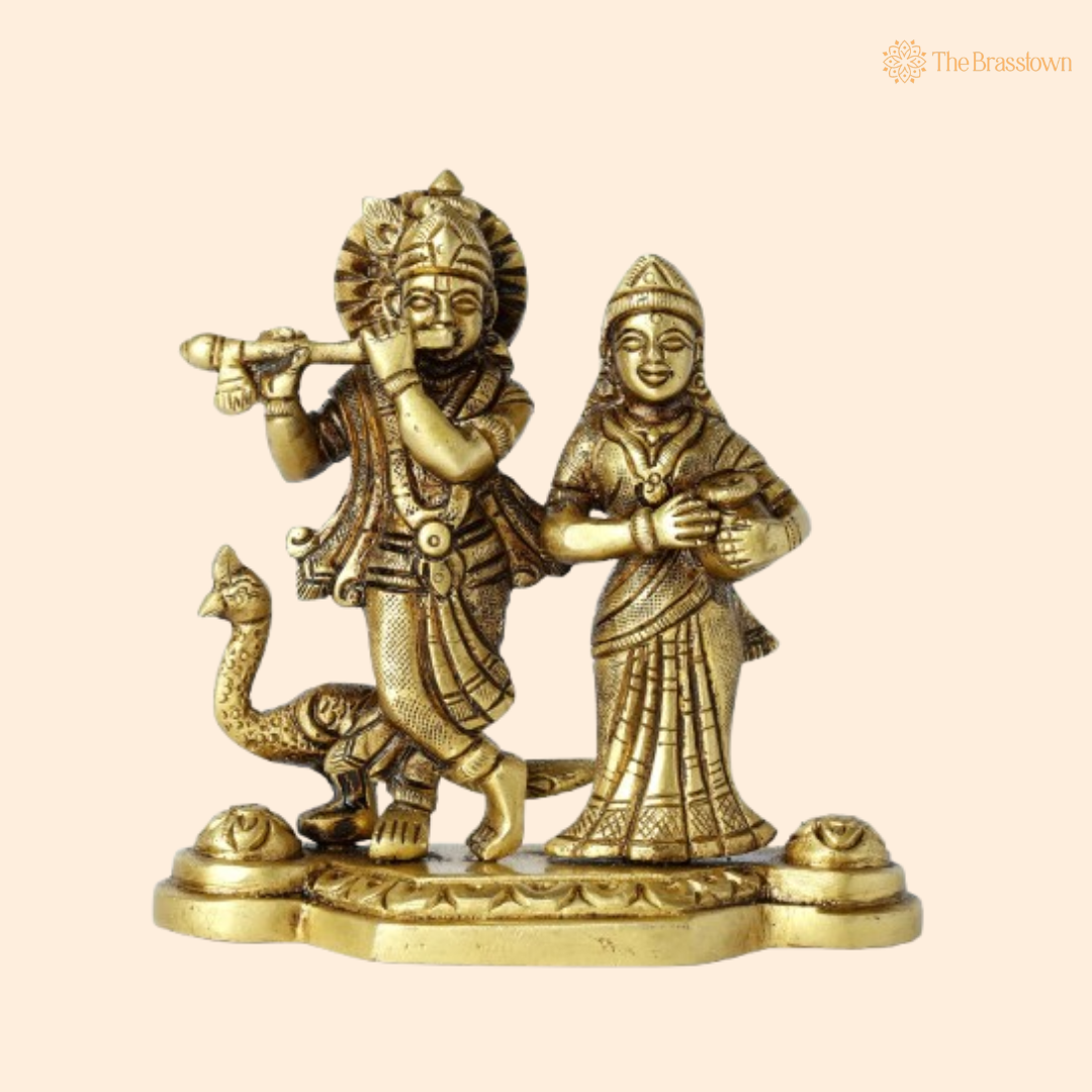 Brass Lord Krishna and Radha with Peacock Idol 4 Inch