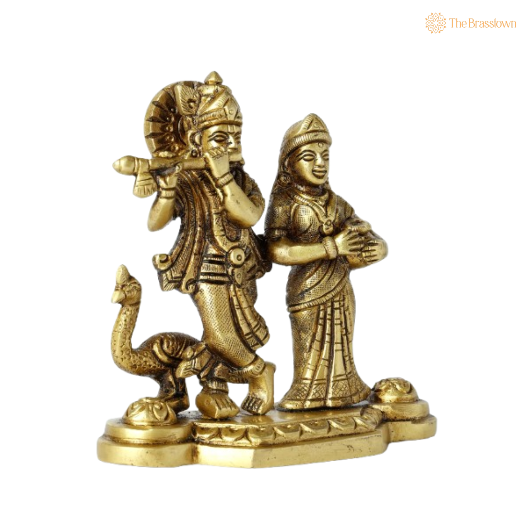 Brass Lord Krishna and Radha with Peacock Idol 4 Inch