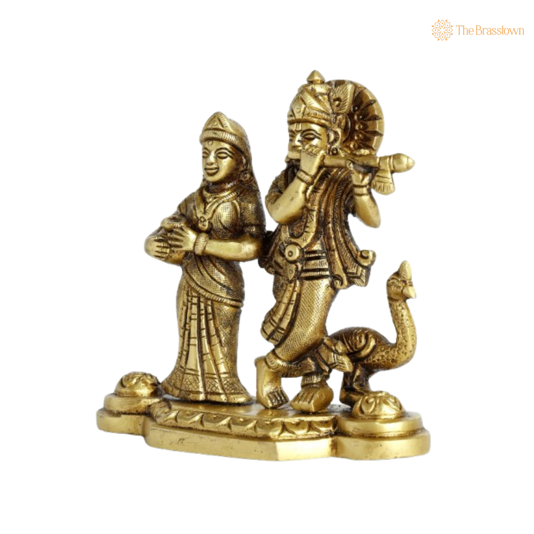 Brass Lord Krishna and Radha with Peacock Idol 4 Inch