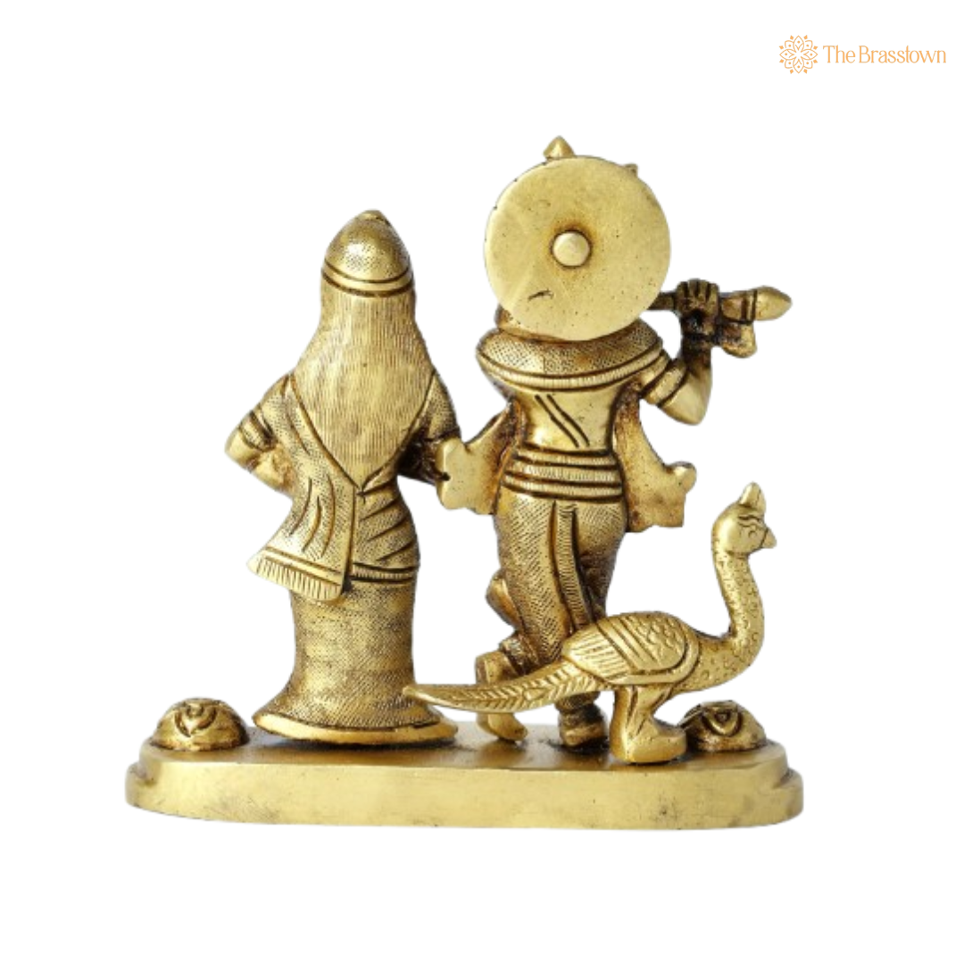 Brass Lord Krishna and Radha with Peacock Idol 4 Inch
