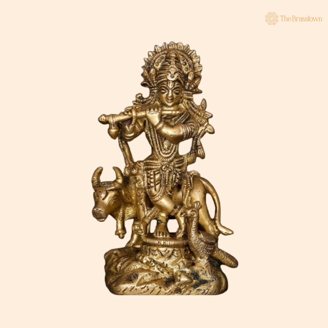 Brass Lord Krishna with Cow and Flute Idol 4 Inch