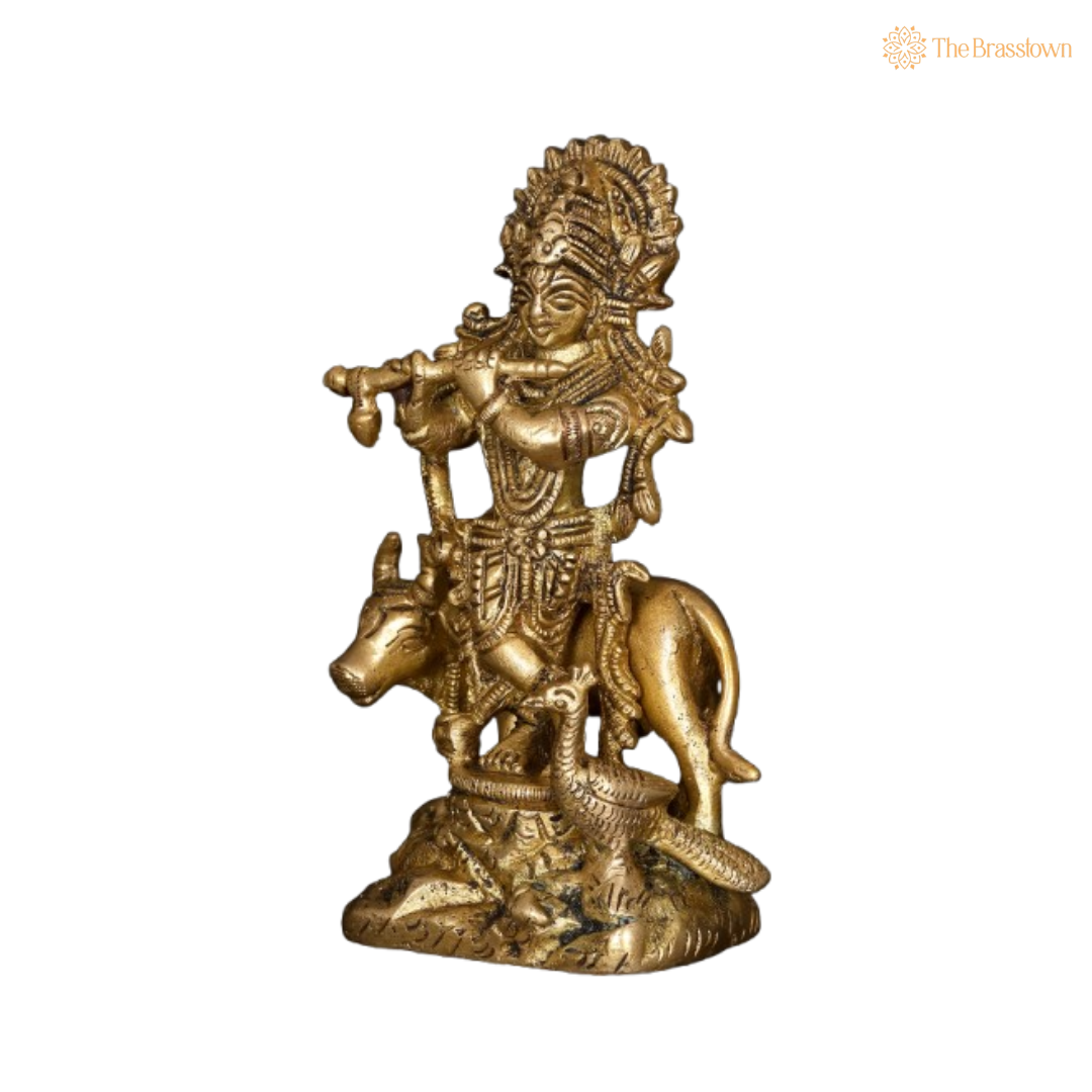 Brass Lord Krishna with Cow and Flute Idol 4 Inch