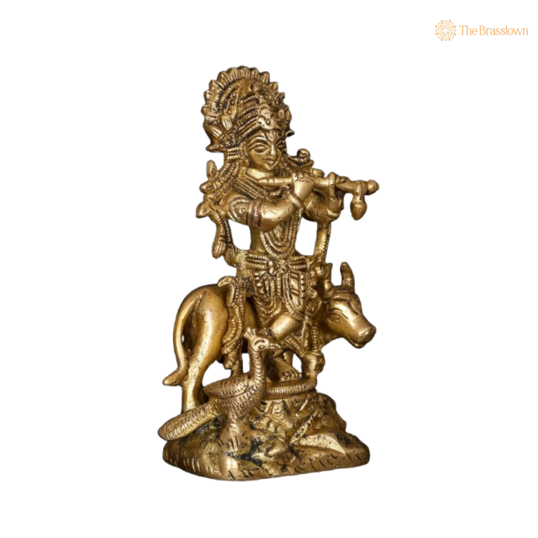 Brass Lord Krishna with Cow and Flute Idol 4 Inch