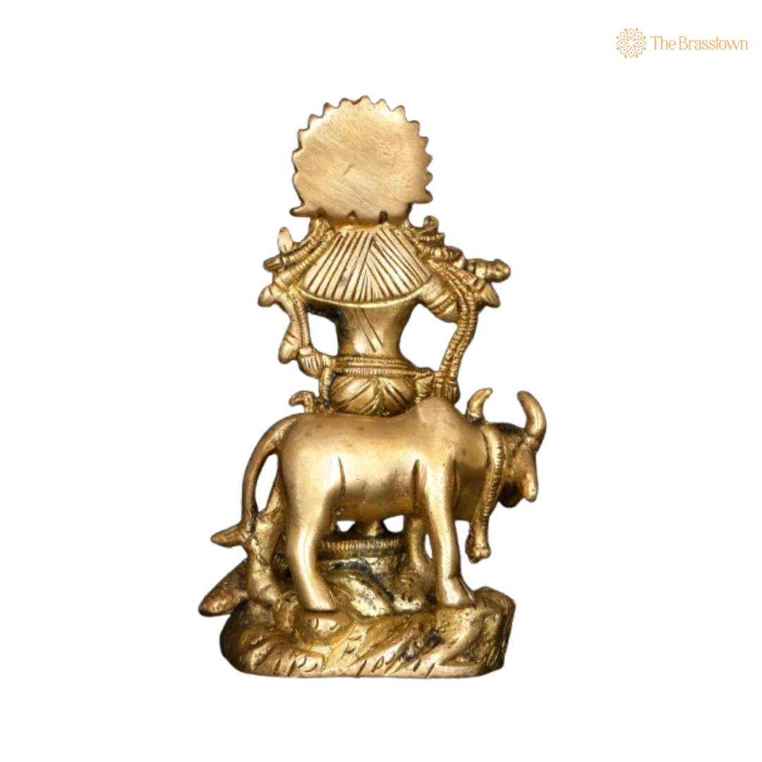 Brass Lord Krishna with Cow and Flute Idol 4 Inch