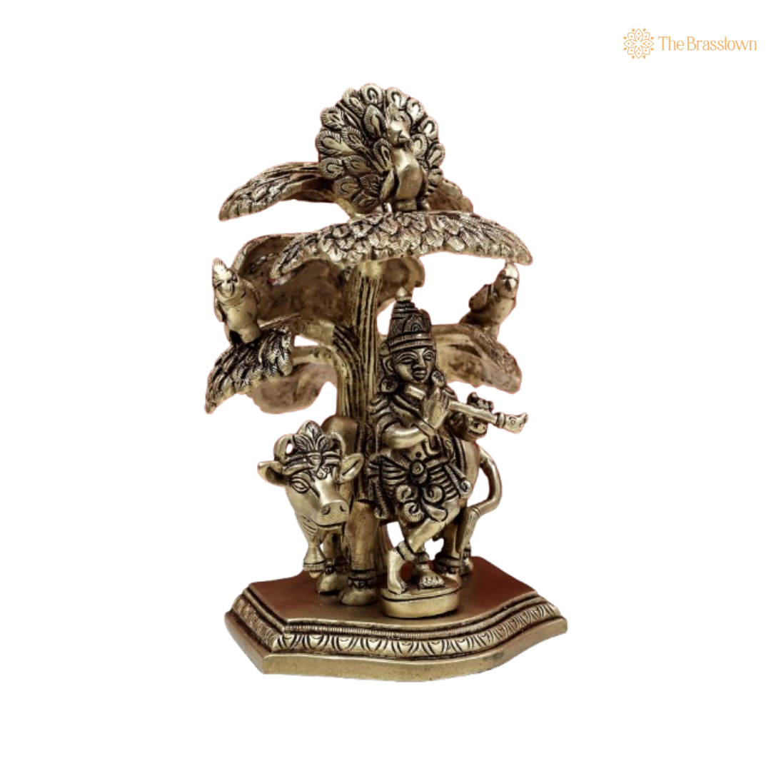 Brass Lord Krishna with Cow and Peacock Idol 6 Inch