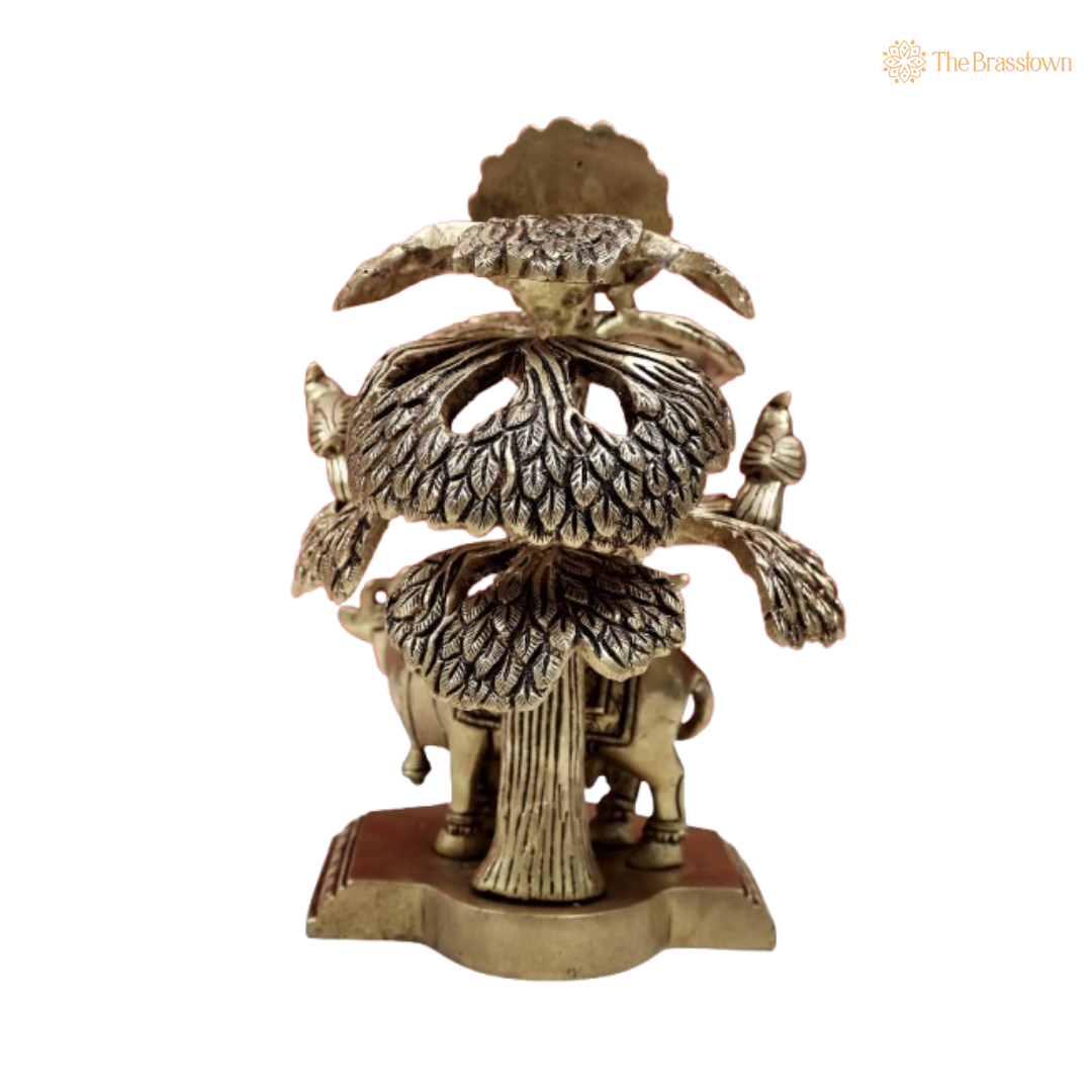 Brass Lord Krishna with Cow and Peacock Idol 6 Inch