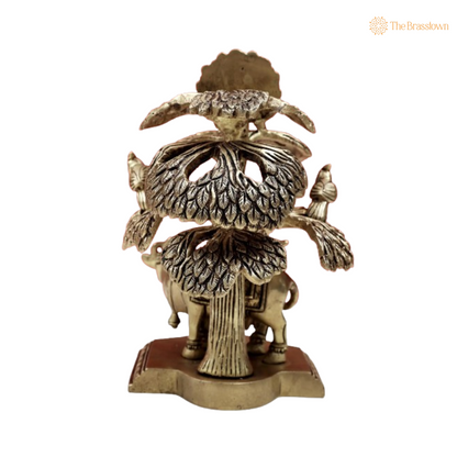 Brass Lord Krishna with Cow and Peacock Idol 6 Inch