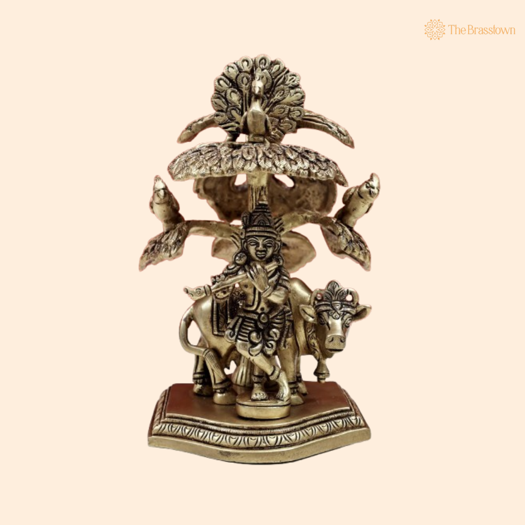 Brass Lord Krishna with Cow and Peacock Idol 6 Inch