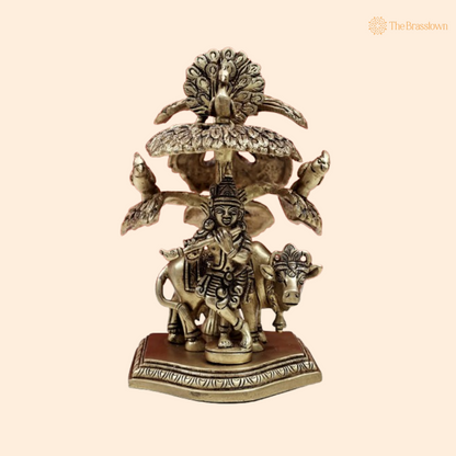 Brass Lord Krishna with Cow and Peacock Idol 6 Inch