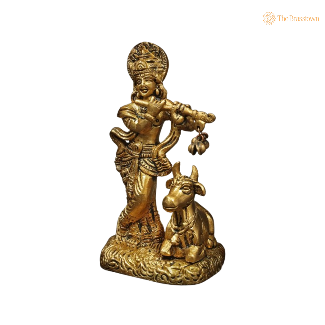 Brass Lord Krishna with Flute and Cow Idol 5 Inch