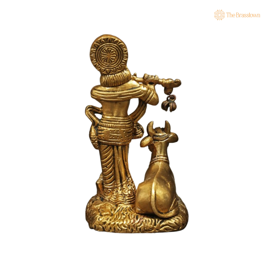 Brass Lord Krishna with Flute and Cow Idol 5 Inch