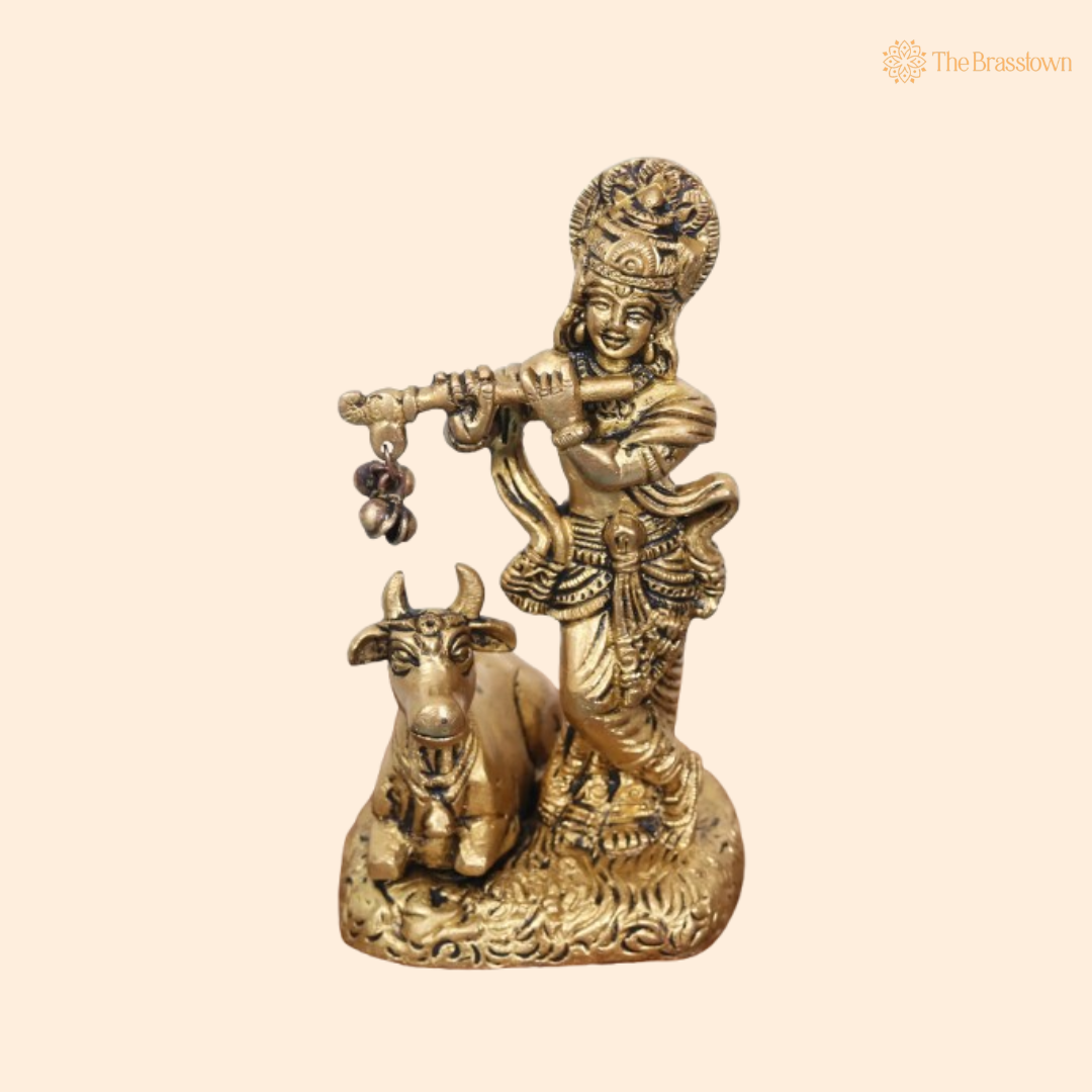 Brass Lord Krishna with Flute and Cow Idol 5 Inch