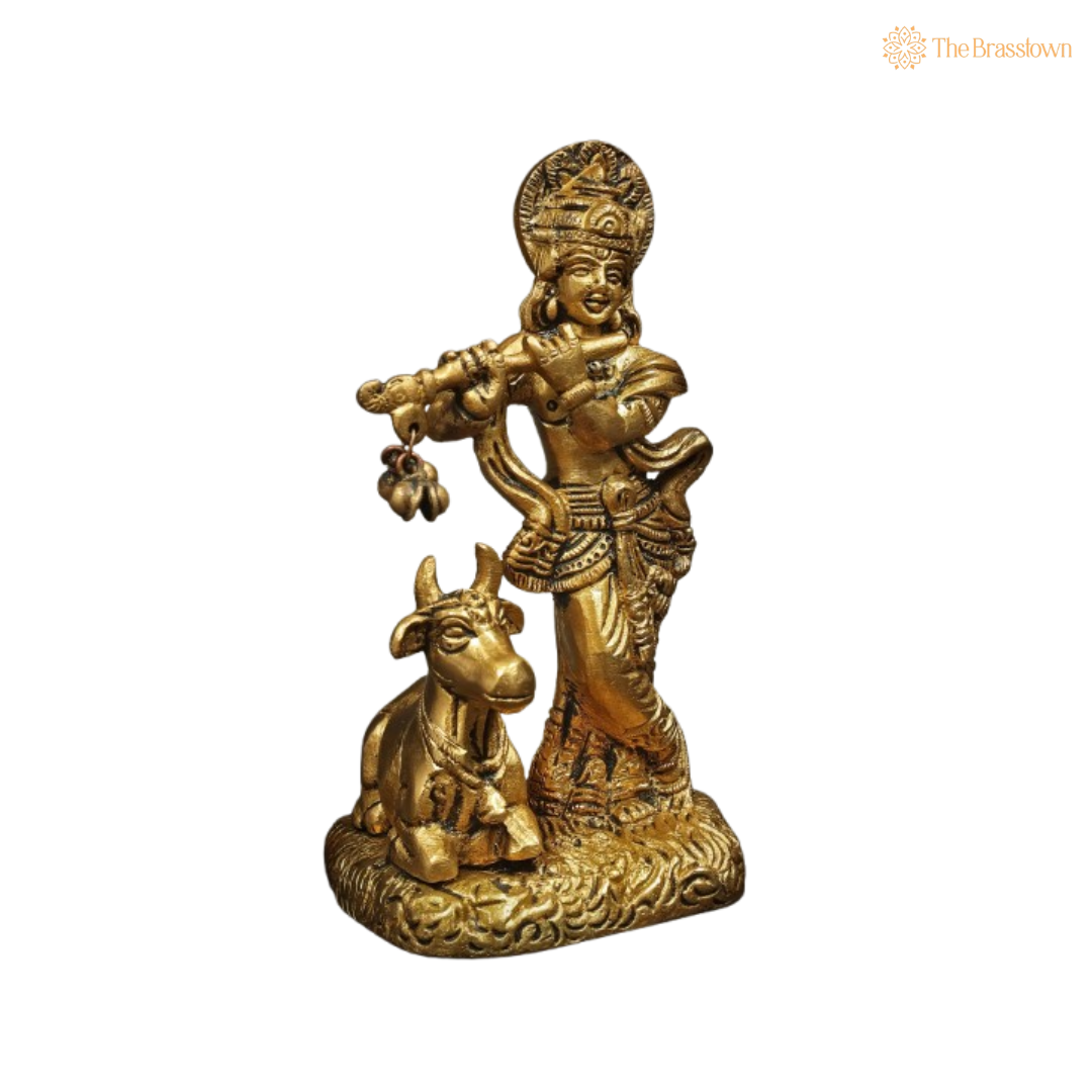 Brass Lord Krishna with Flute and Cow Idol 5 Inch
